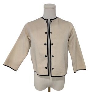 Black Parrot Cream Knit Cardigan Black Trim Cropped 3/4 Sleeve 100% Virgin Wool